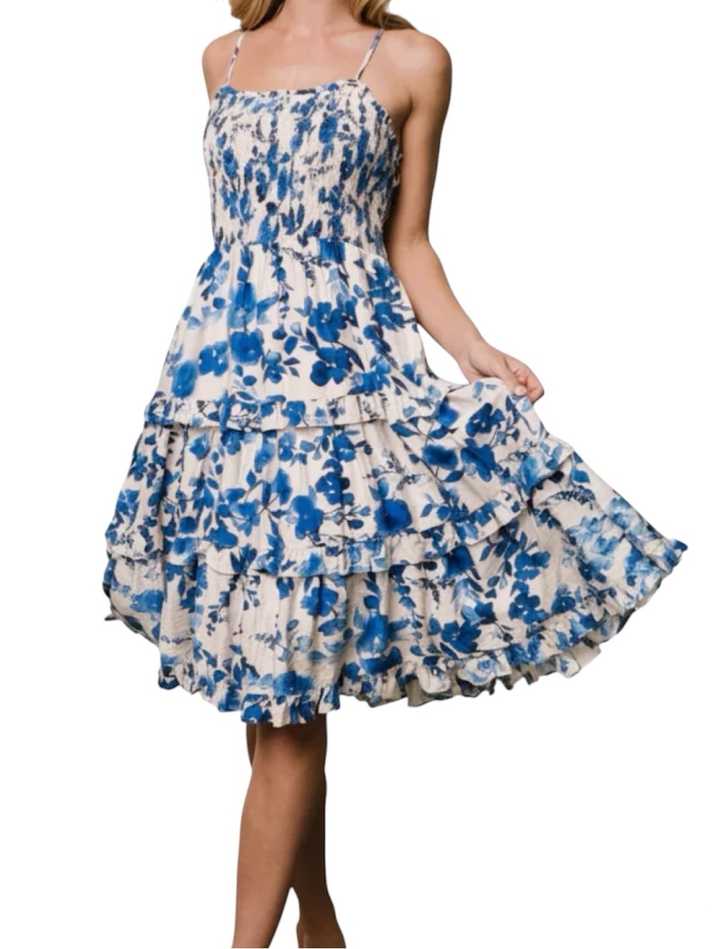 Baltic Born Calina Midi Dress Smocked Blue White Floral Size Small NWT